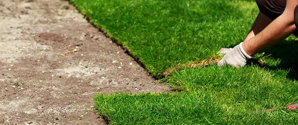 Sod being rolled out and applied to a bare dirt lawn in Orlando, FL.