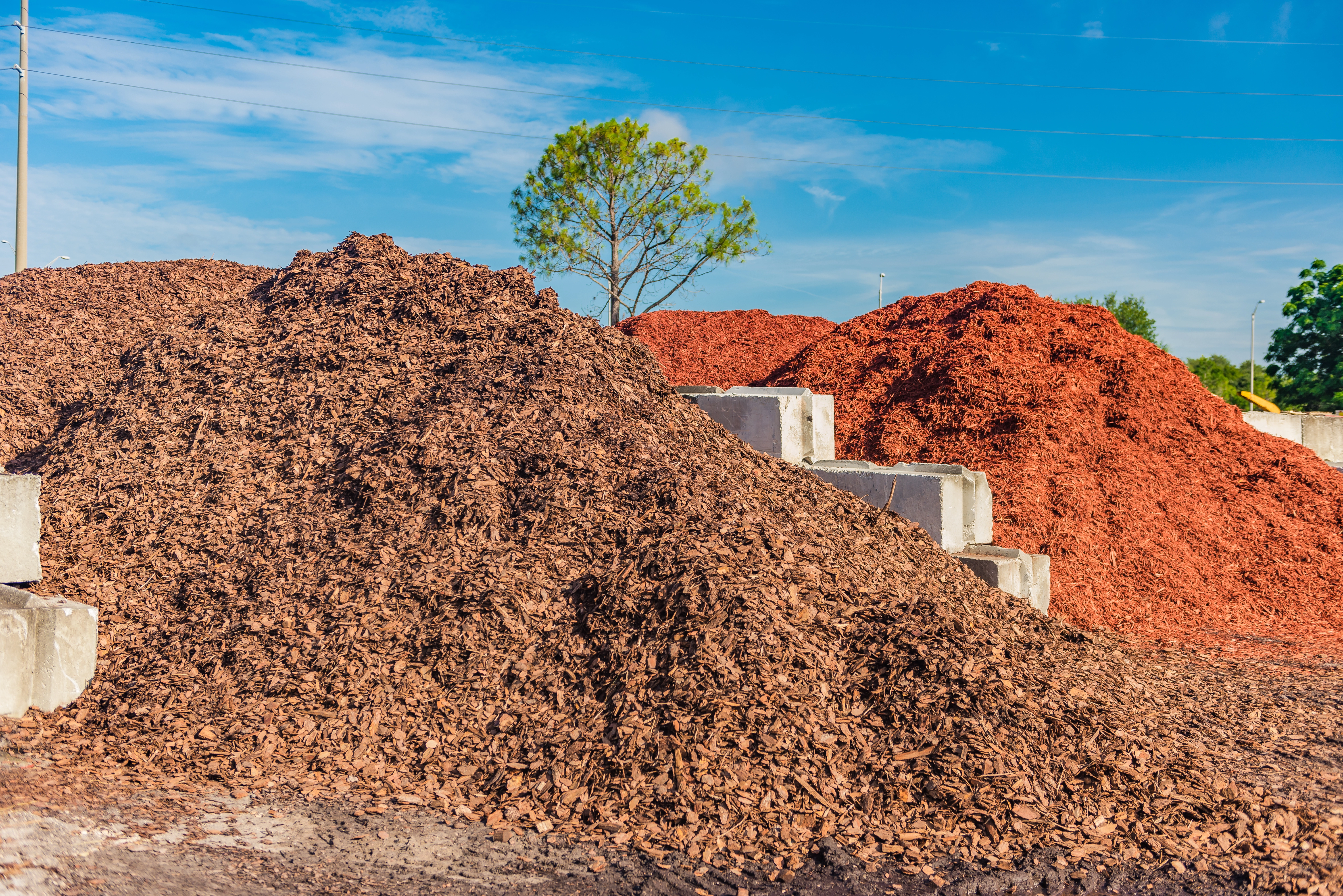 Bulk mulch at our nursery that comes in red, brown, and black.